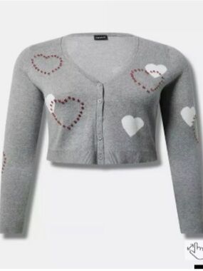 torrid Gray Cropped Heart-Print Cardigan with Red Stud Accents